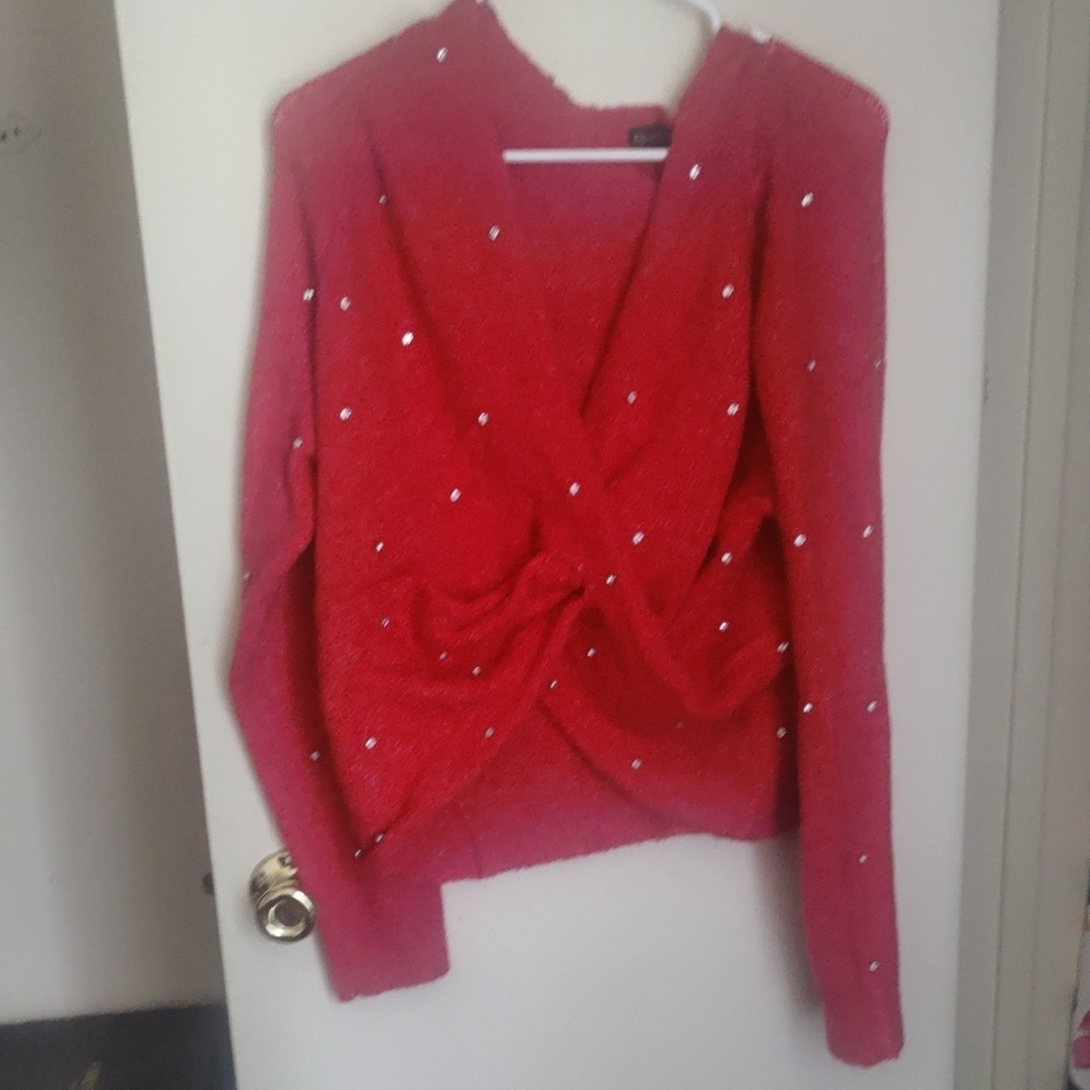 Fashion to Figure Red V-Neck Sweater with Pearl Details